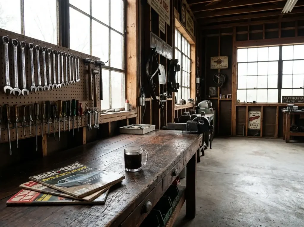 A heavy wooden workbench in an auto garage, perfectly clean and dust-free, with expensive hand tools hanging perfectly organized on a pegboard behind it.