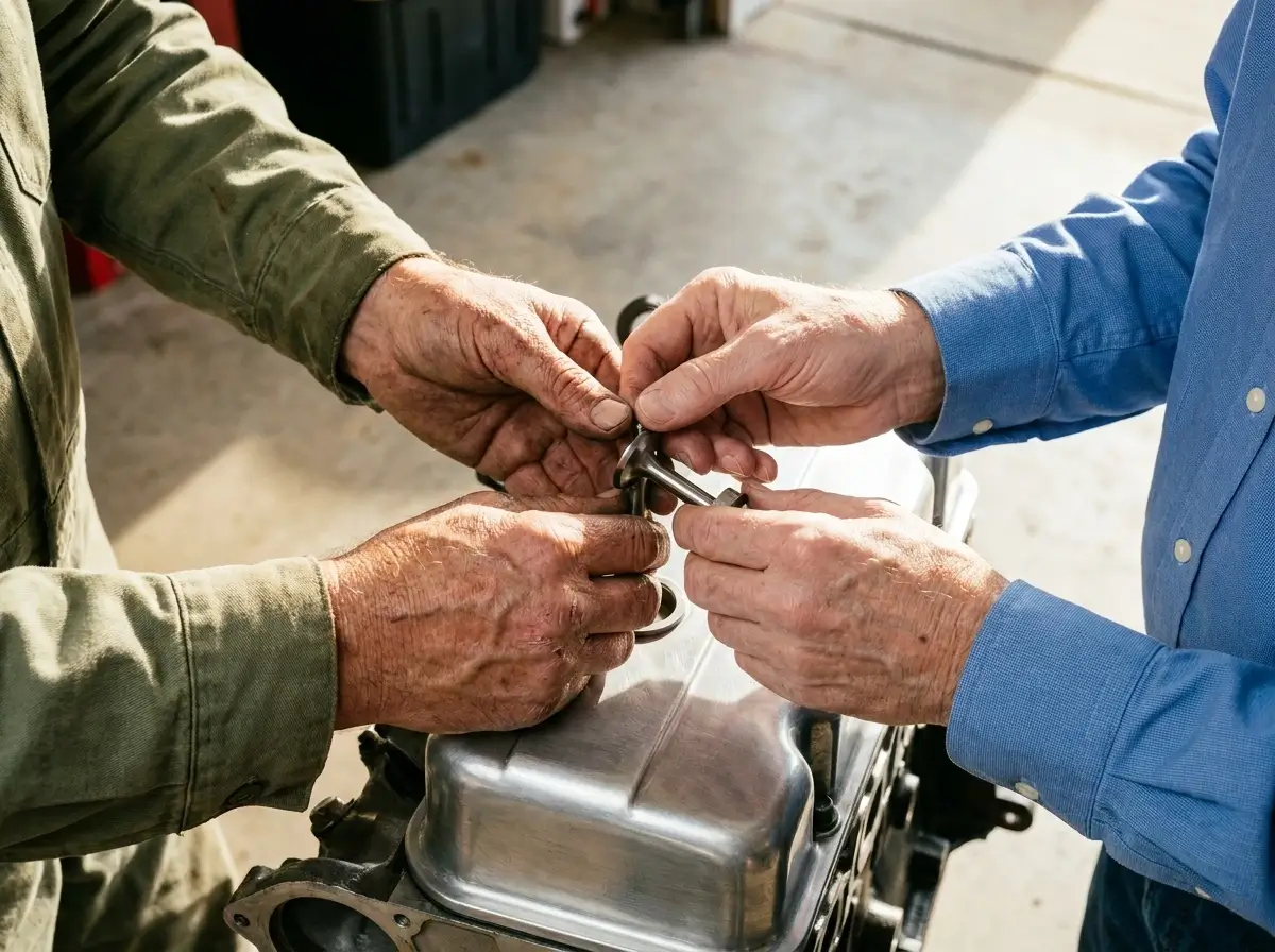 Two pairs of older male hands, one calloused and one trembling, working together to install a silver metal component onto a classic car engine.