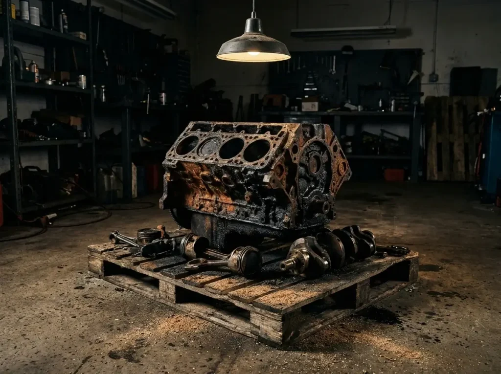 A heavily rusted, sludge-covered 1970s engine block sitting on a splintered wooden pallet under the harsh glare of a single overhead garage light.