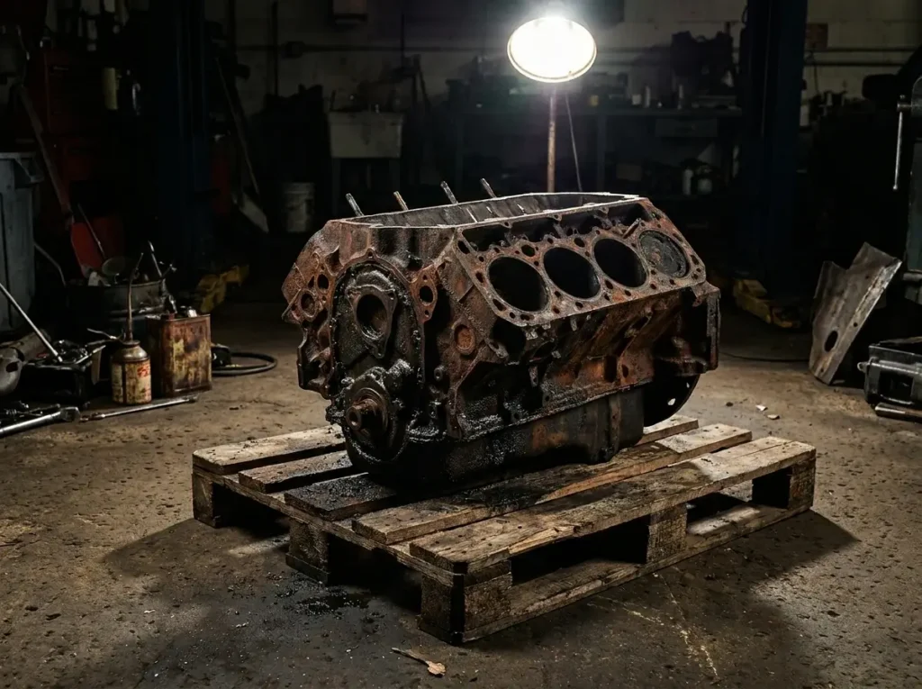 A heavily rusted, sludge-covered 1970s engine block sitting on a splintered wooden pallet under the harsh glare of a single overhead garage light.